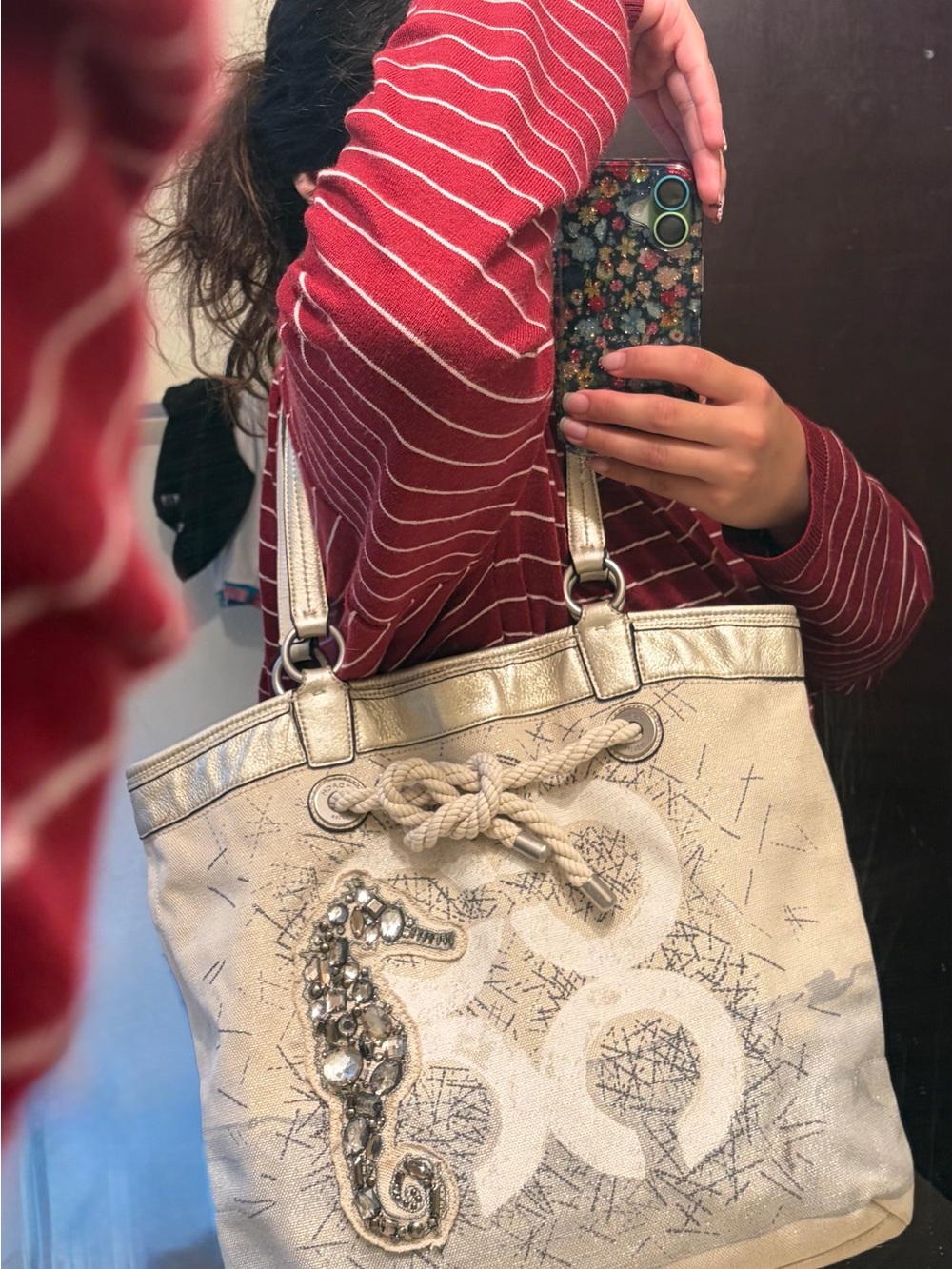 Metallic Ivory Tote Bag with Embellished Seahorse